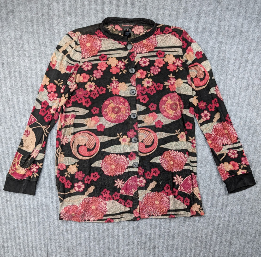 Vintage Slinky Cardigan Blouse Womens Small 90s Oriental Floral Cherry Blossom